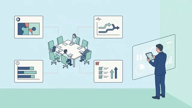 会議の参加・時間配分・会話の流れ・成果を分析するイラスト