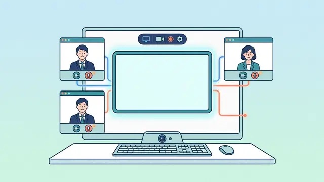 参加者・カメラ・マイク・画面共有を統合するイラスト