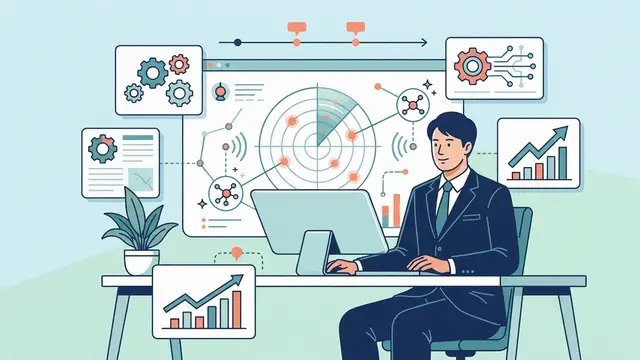 会議テクノロジーの新製品・新機能・市場動向を調査するイラスト